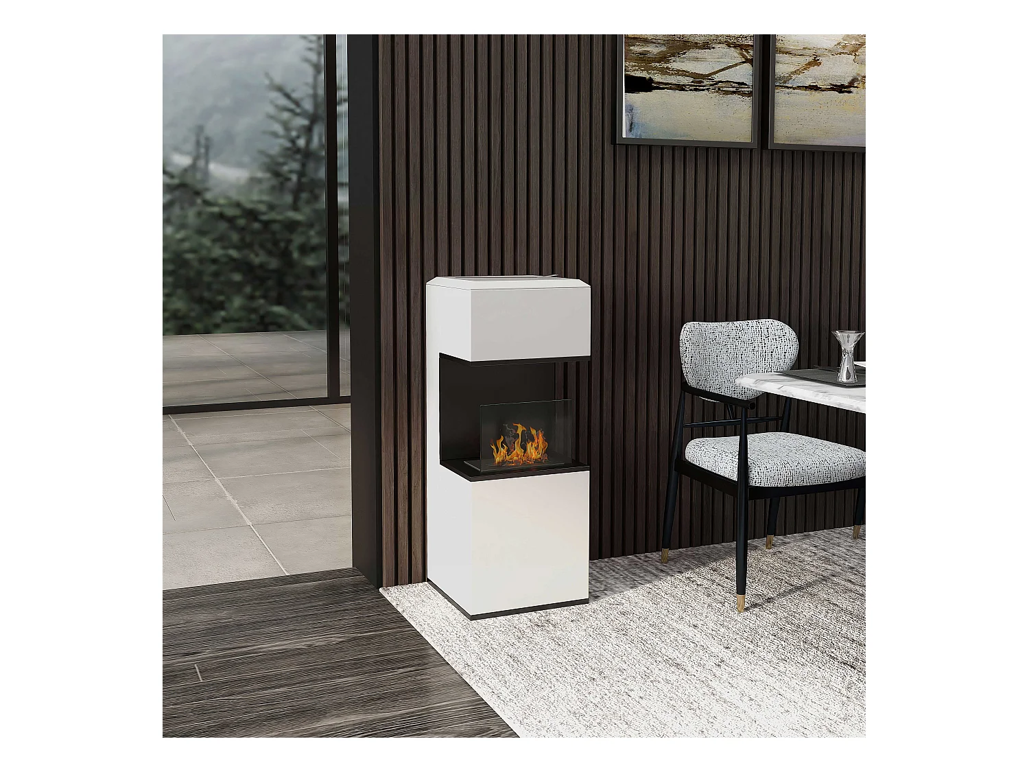Cheminée bioéthanol design - brûleur 1,2L - contrôle de flamme, manche inclus - verre trempé acier blanc noir