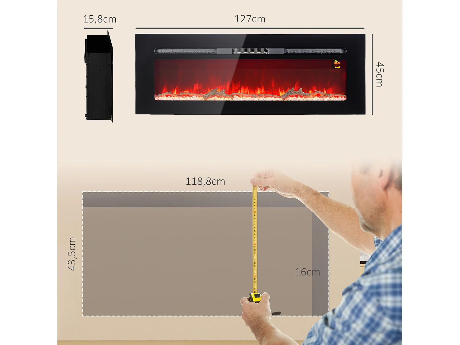 Cheminée électrique 1800W effets flammes LED 3D réglables - timer, thermostat, télécommande - noir