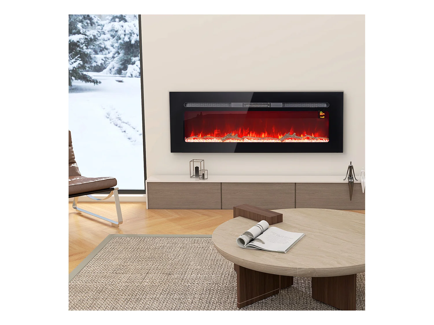 Cheminée électrique 1800W effets flammes LED 3D réglables - timer, thermostat, télécommande - noir