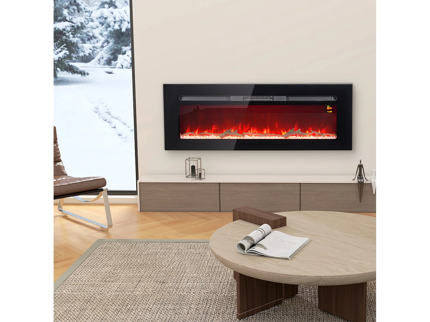 Cheminée électrique 1800W effets flammes LED 3D réglables - timer, thermostat, télécommande - noir