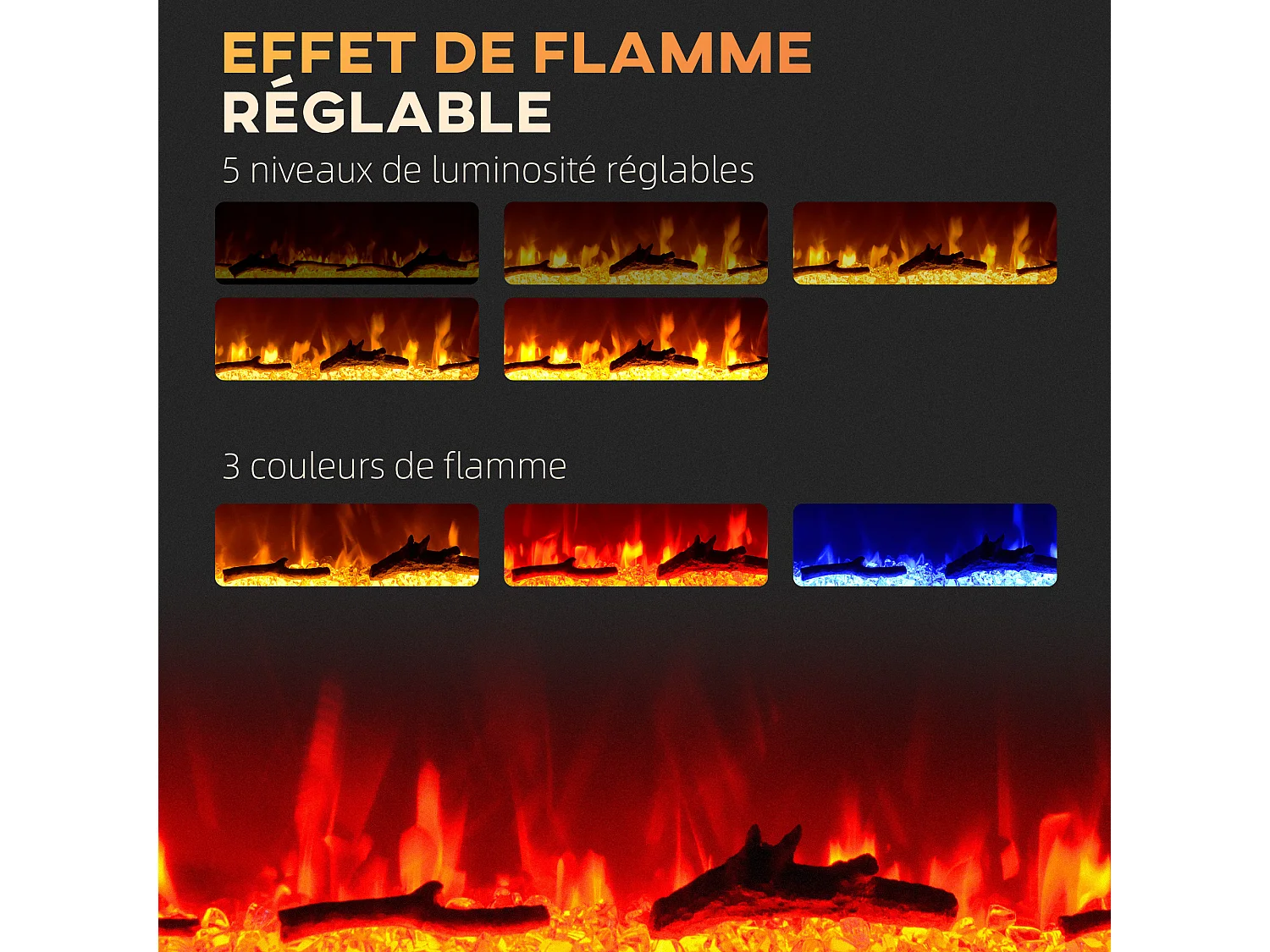 Cheminée électrique 1800W effets flammes LED 3D réglables - timer, thermostat, télécommande - noir
