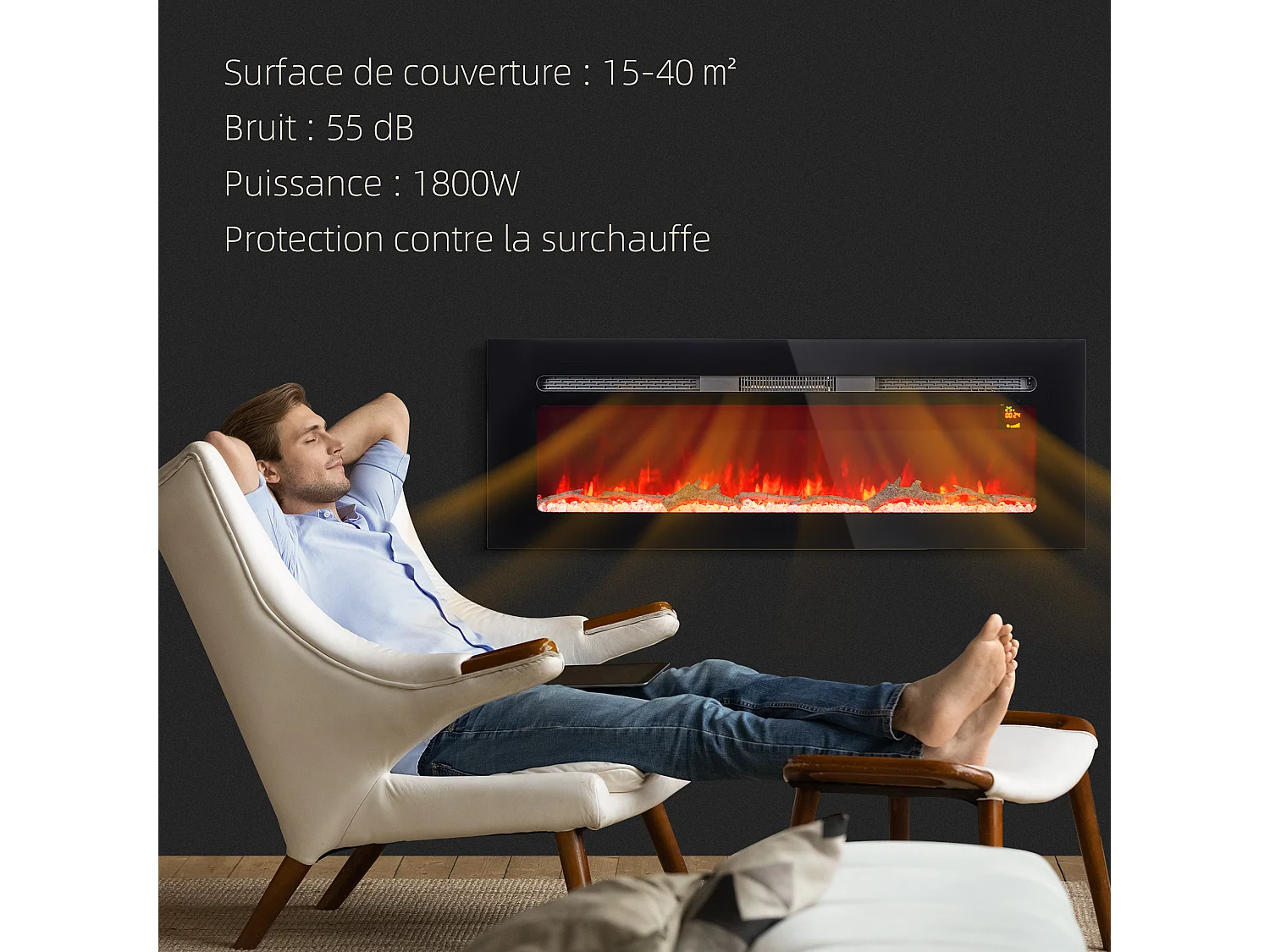 Cheminée électrique 1800W effets flammes LED 3D réglables - timer, thermostat, télécommande - noir