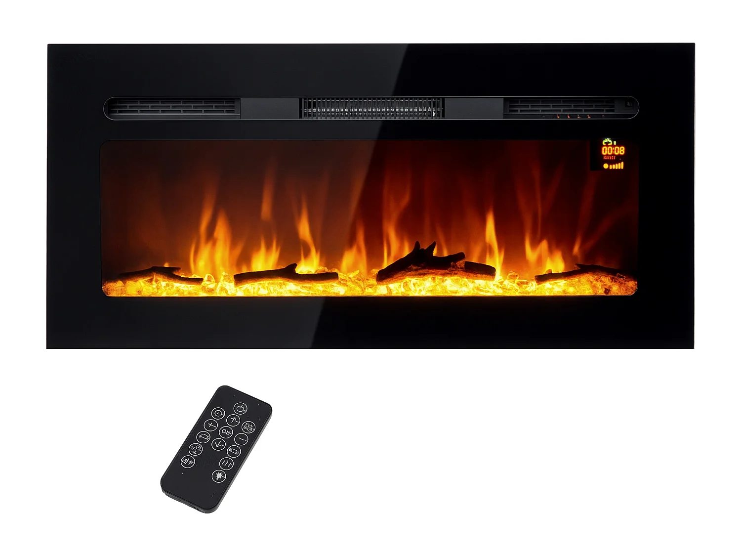 Cheminée électrique 1800W effets flammes LED 3D réglables - timer, thermostat, télécommande - noir