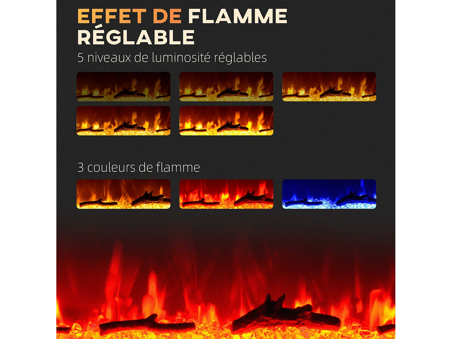 Cheminée électrique 1800W effets flammes LED 3D réglables - timer, thermostat, télécommande - noir