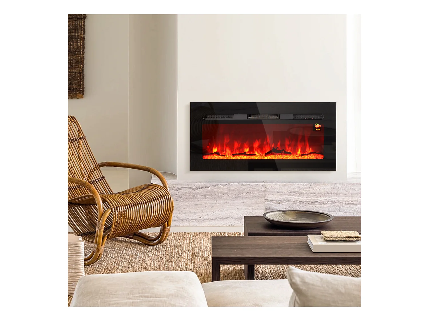 Cheminée électrique 1800W effets flammes LED 3D réglables - timer, thermostat, télécommande - noir