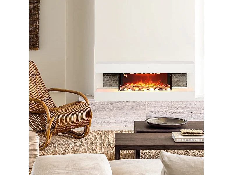 Cheminée électrique design contemporain 2000W effets flammes LED 3D dim. 119L x 30l x 45H cm éléments décoratifs télécommande inclus blanc