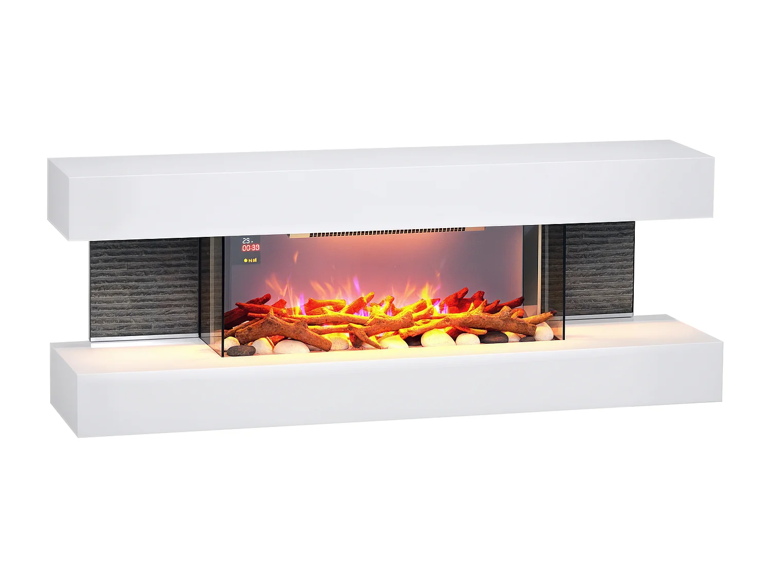 Cheminée électrique design contemporain 2000W effets flammes LED 3D dim. 119L x 30l x 45H cm éléments décoratifs télécommande inclus blanc