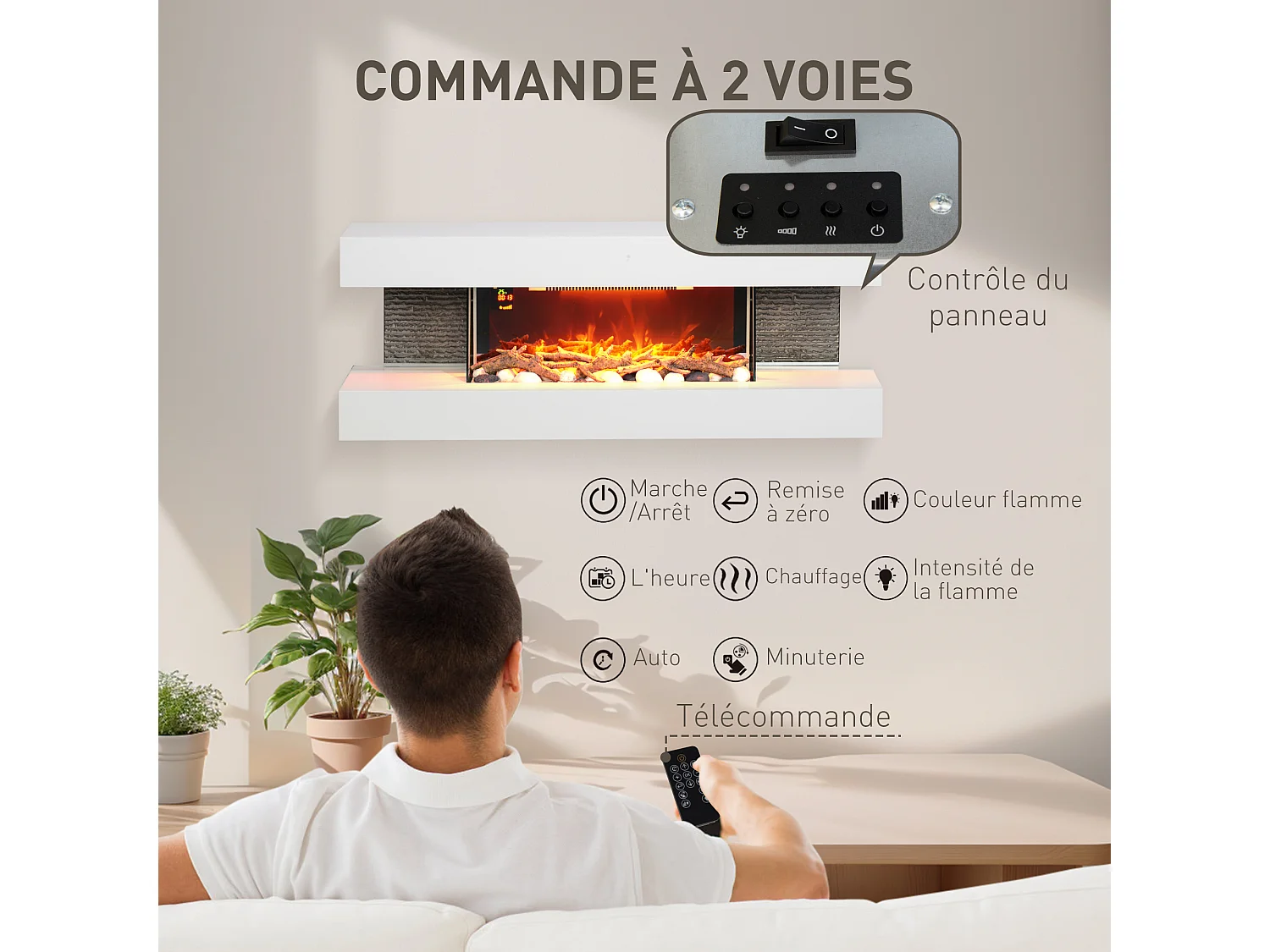 Cheminée électrique design contemporain 2000W effets flammes LED 3D dim. 119L x 30l x 45H cm éléments décoratifs télécommande inclus blanc