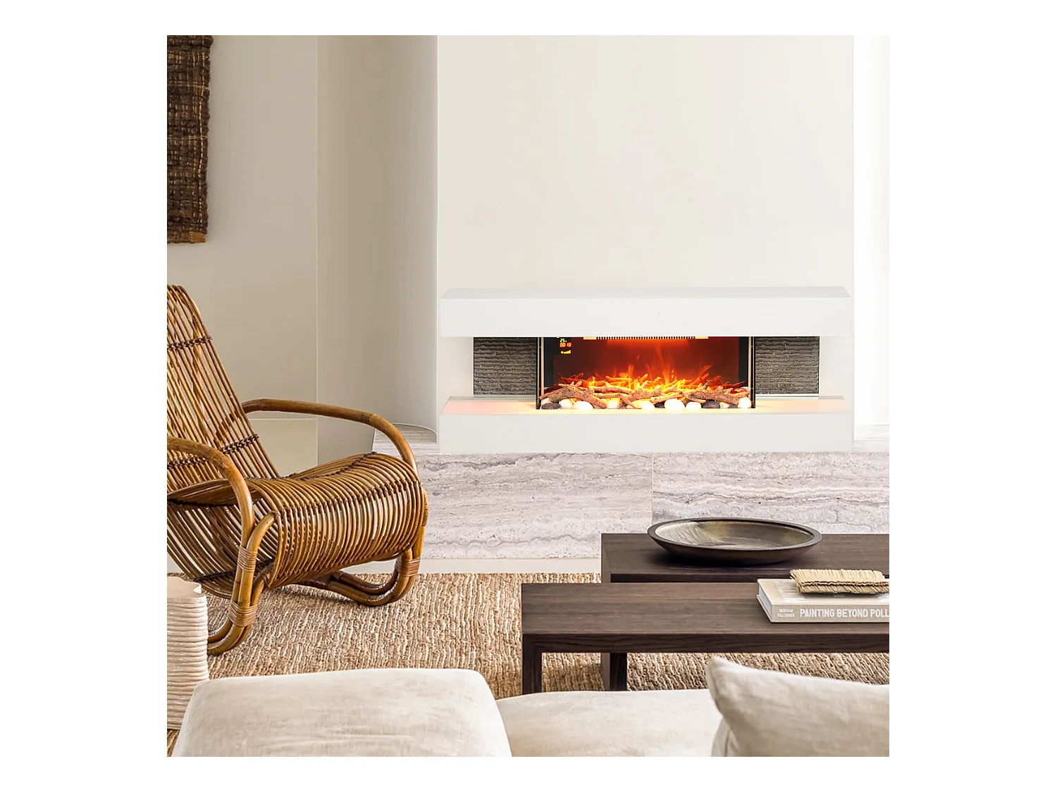 Cheminée électrique design contemporain 2000W effets flammes LED 3D dim. 119L x 30l x 45H cm éléments décoratifs télécommande inclus blanc