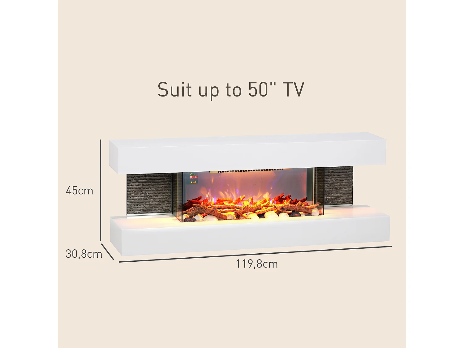 Cheminée électrique design contemporain 2000W effets flammes LED 3D dim. 119L x 30l x 45H cm éléments décoratifs télécommande inclus blanc
