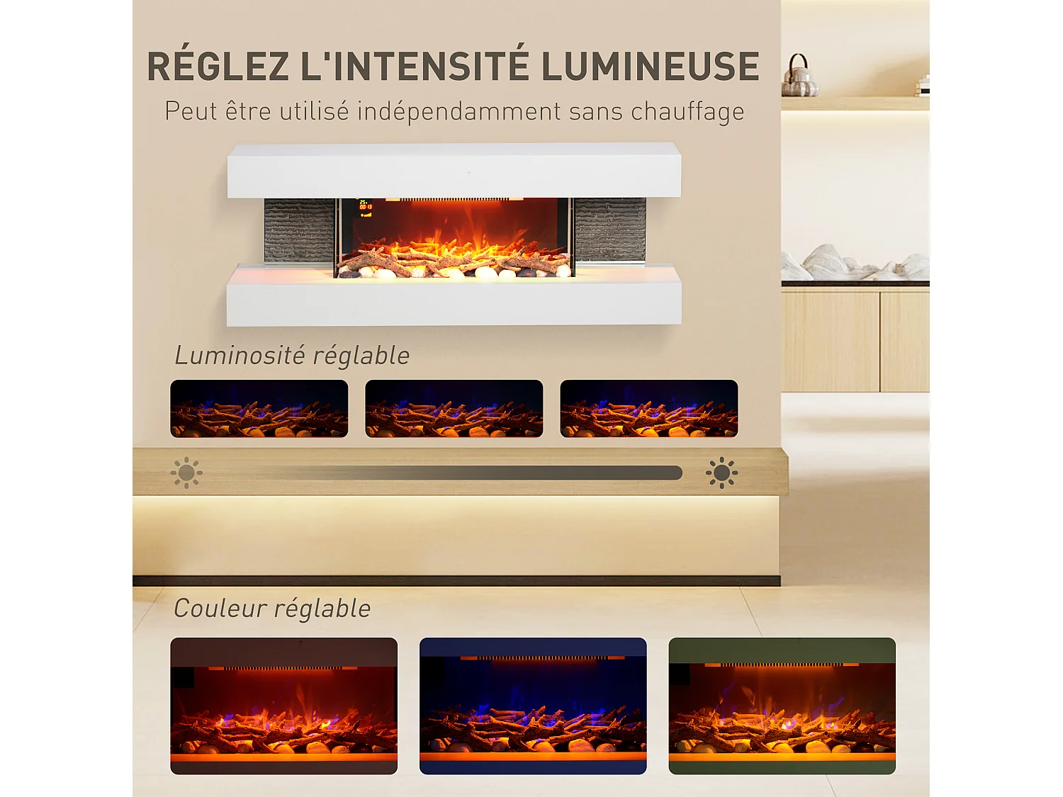 Cheminée électrique design contemporain 2000W effets flammes LED 3D dim. 119L x 30l x 45H cm éléments décoratifs télécommande inclus blanc