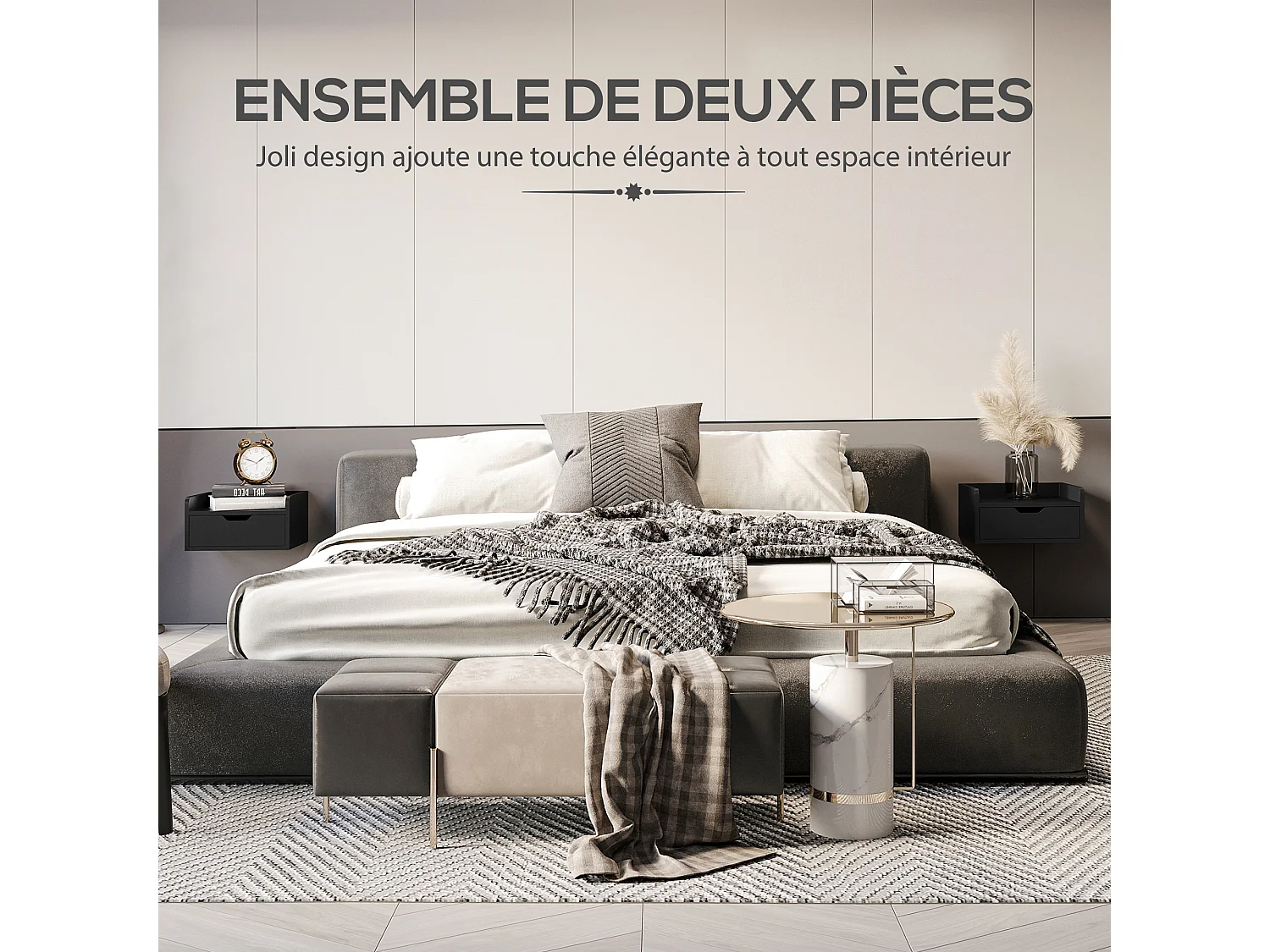 Lot de 2 chevets tables de nuit murales - tiroir coulissant, plateau - dim. 40L x 30l x 19H cm - panneaux noir