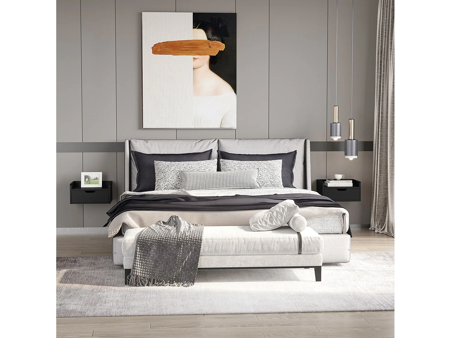 Lot de 2 chevets tables de nuit murales - tiroir coulissant, plateau - dim. 40L x 30l x 19H cm - panneaux noir