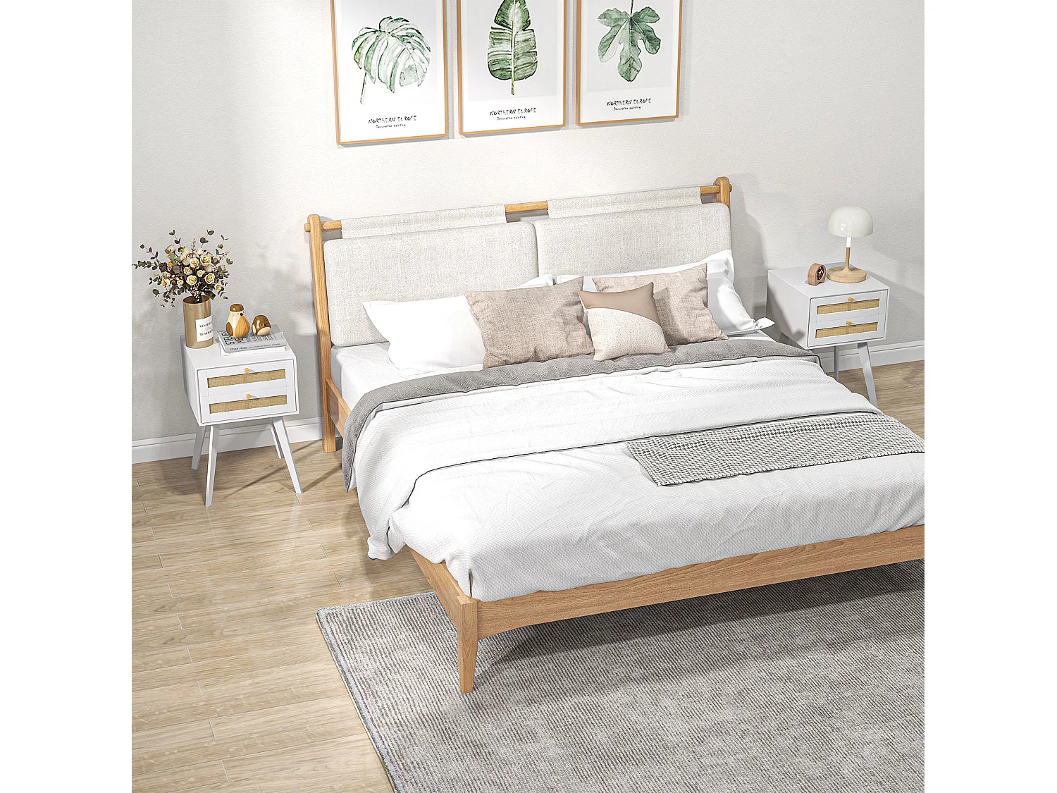 Lot de 2 chevets tables de nuit style bohème chic - 2 tiroirs - MDF blanc cannage en rotin