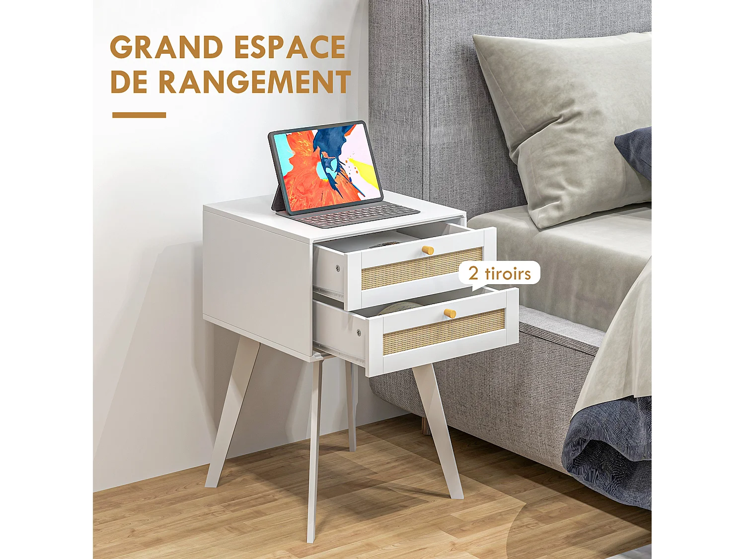 Lot de 2 chevets tables de nuit style bohème chic - 2 tiroirs - MDF blanc cannage en rotin