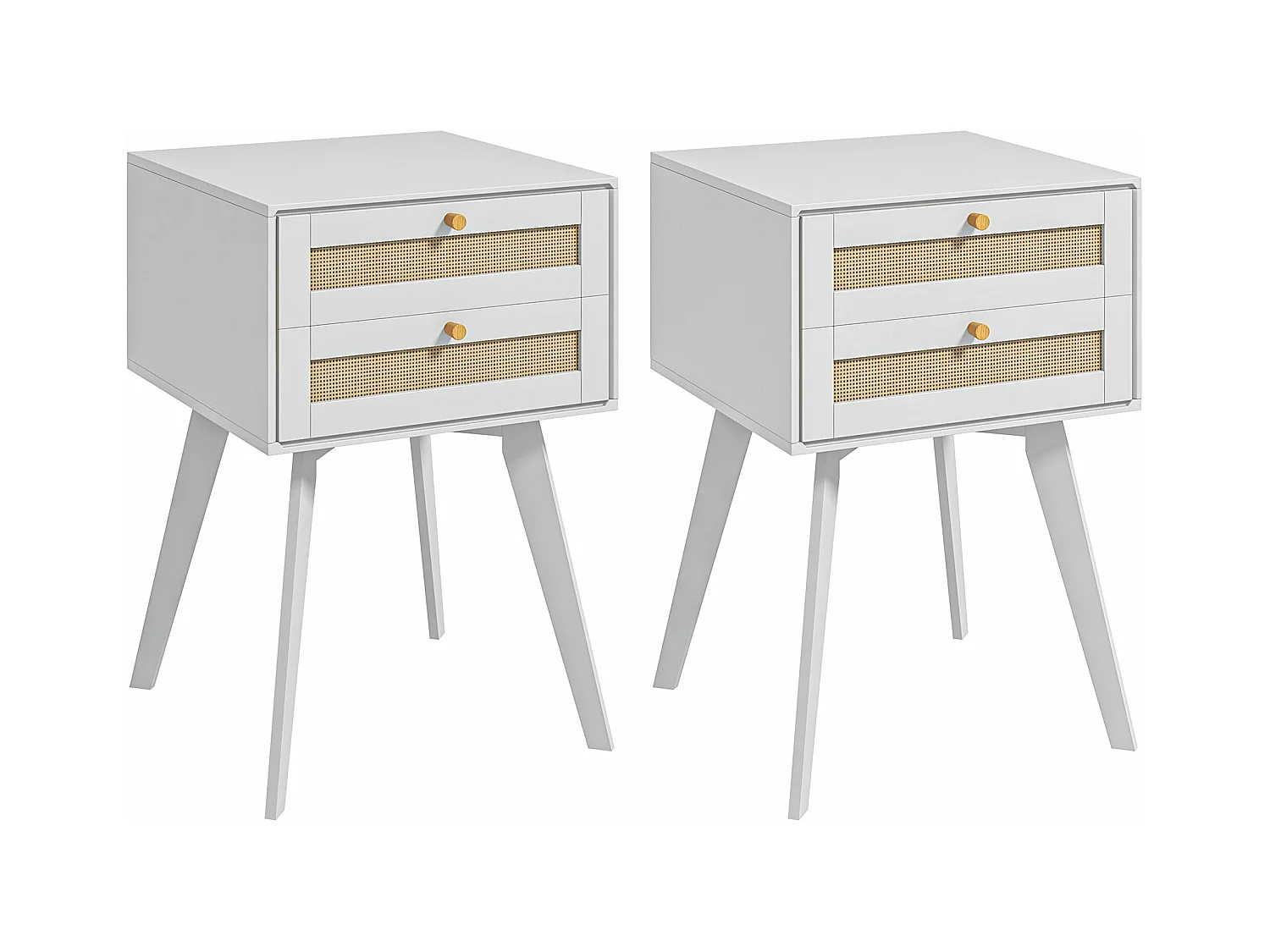 Lot de 2 chevets tables de nuit style bohème chic - 2 tiroirs - MDF blanc cannage en rotin