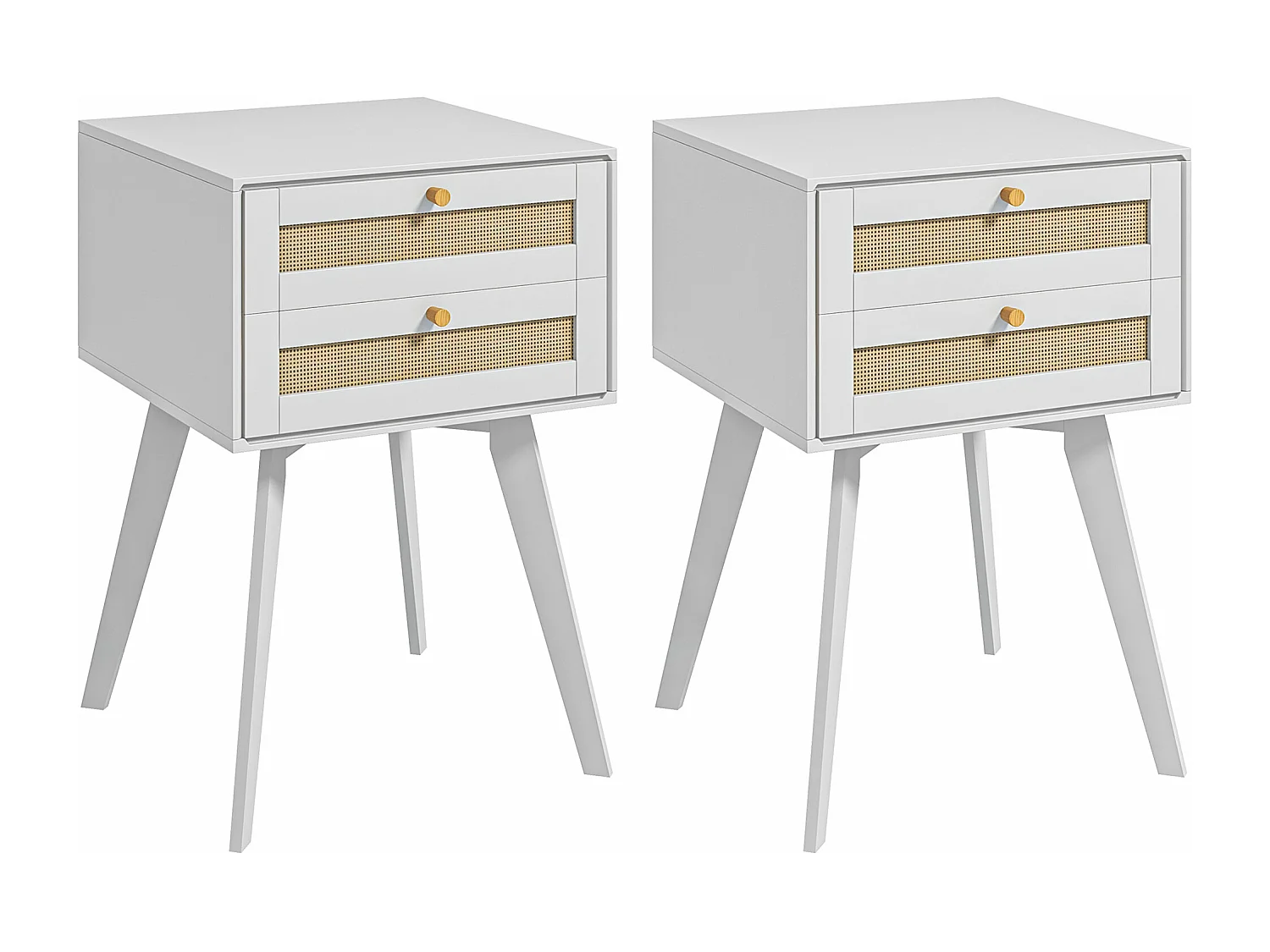 Lot de 2 chevets tables de nuit style bohème chic - 2 tiroirs - MDF blanc cannage en rotin