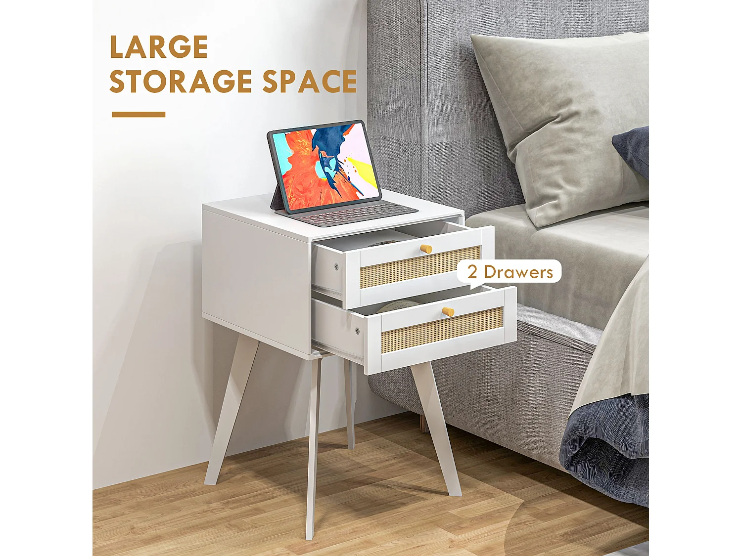 Lot de 2 chevets tables de nuit style bohème chic - 2 tiroirs - MDF blanc cannage en rotin