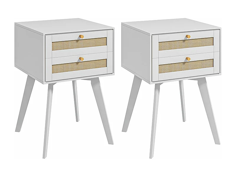 Lot de 2 chevets tables de nuit style bohème chic - 2 tiroirs - MDF blanc cannage en rotin