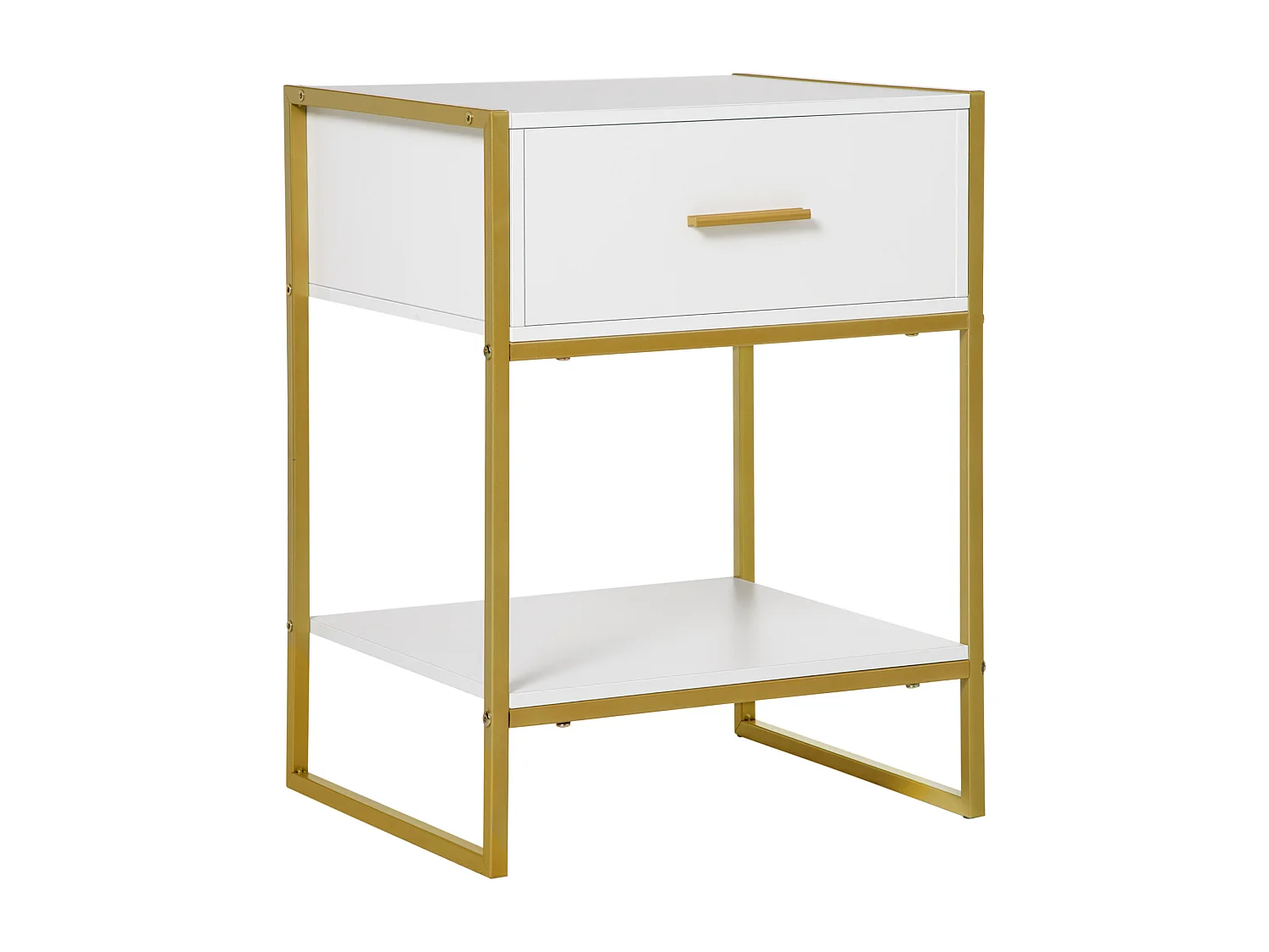 Chevet table de nuit style art déco - tiroir, étagère - acier doré panneaux blanc