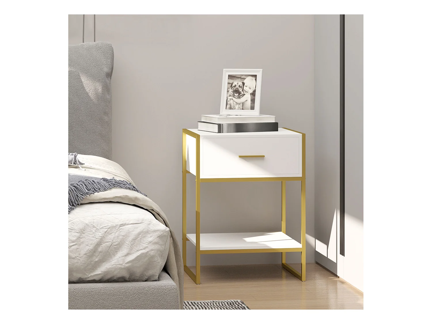 Chevet table de nuit style art déco - tiroir, étagère - acier doré panneaux blanc