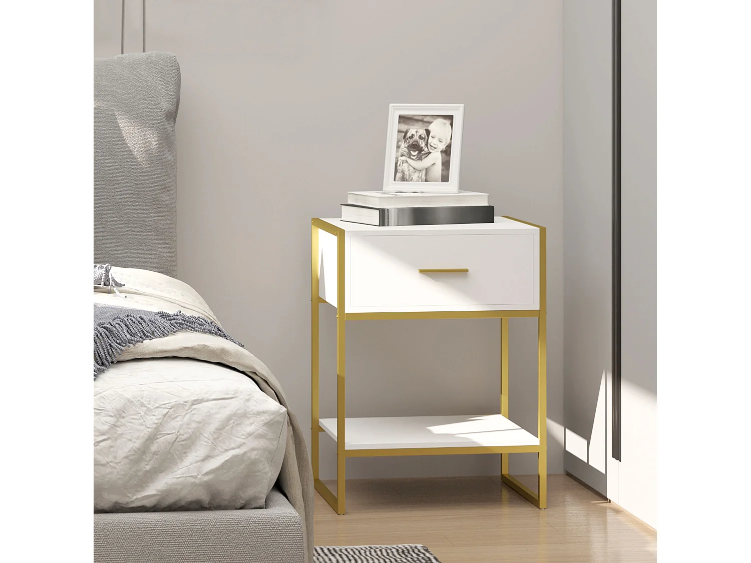 Chevet table de nuit style art déco - tiroir, étagère - acier doré panneaux blanc