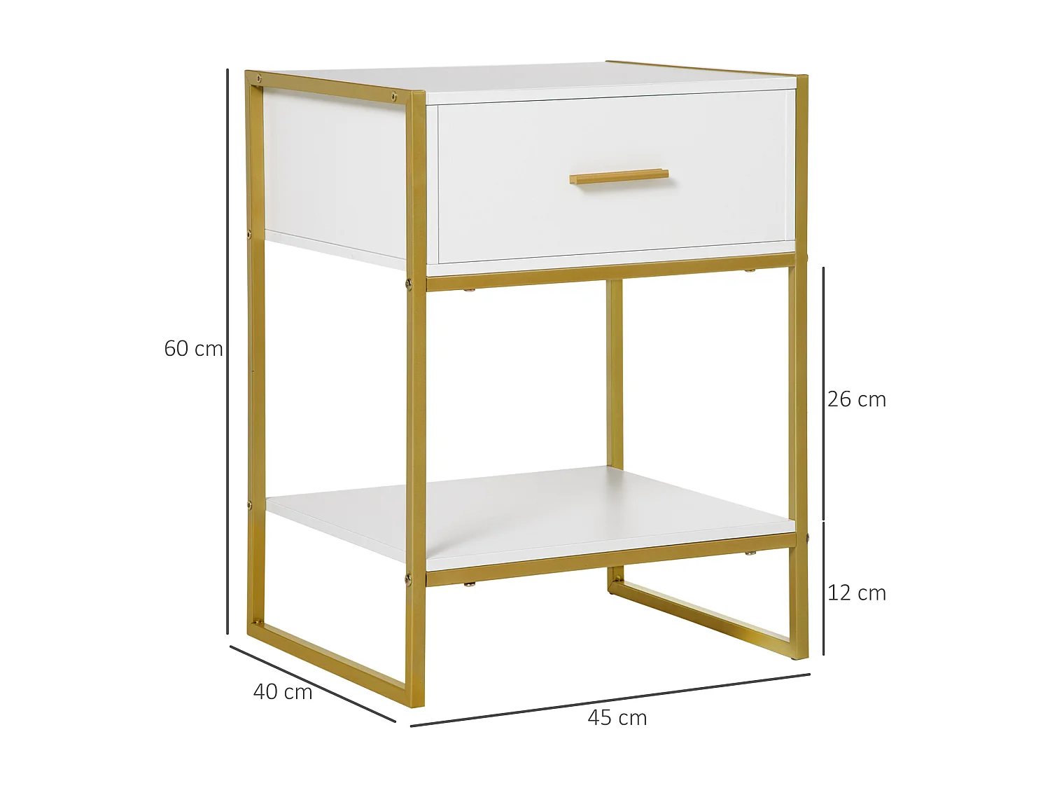 Chevet table de nuit style art déco - tiroir, étagère - acier doré panneaux blanc