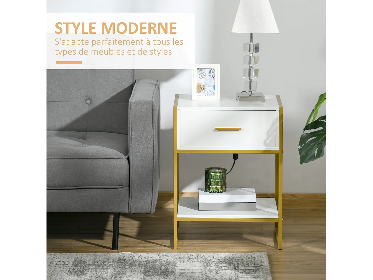 Chevet table de nuit style art déco - tiroir, étagère - acier doré panneaux blanc