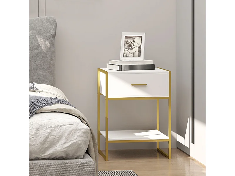 Chevet table de nuit style art déco - tiroir, étagère - acier doré panneaux blanc