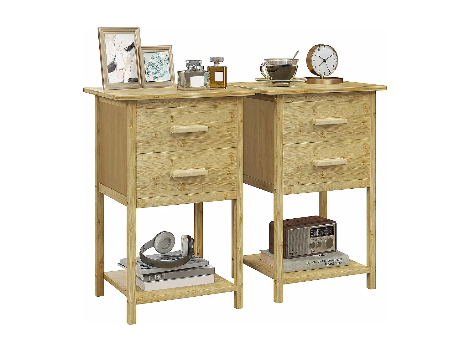 Lot de 2 chevets tables de nuit style naturel - 2 tiroirs, étagère - bois de bambou verni