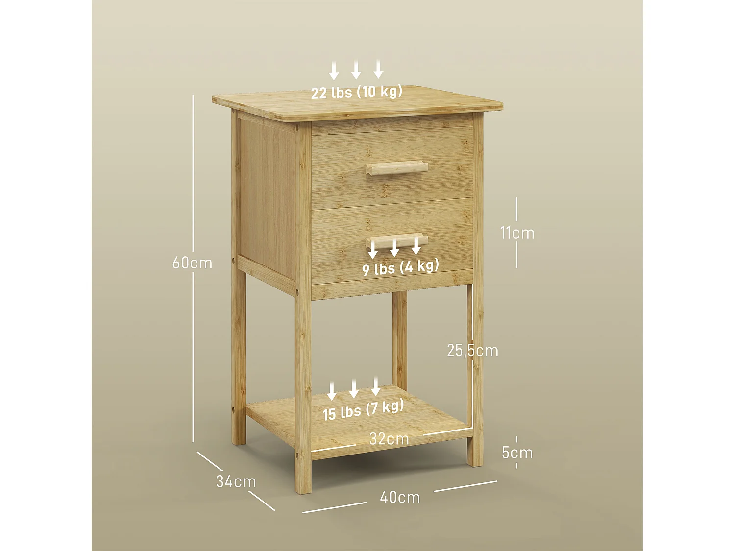 Lot de 2 chevets tables de nuit style naturel - 2 tiroirs, étagère - bois de bambou verni