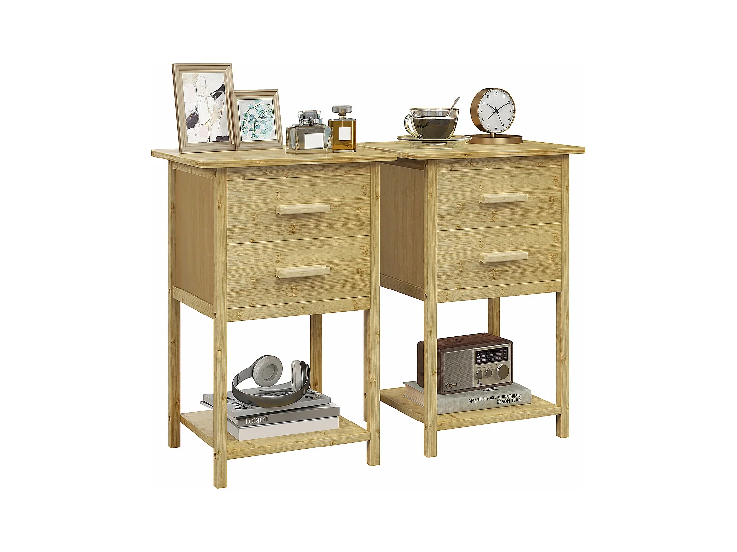 Lot de 2 chevets tables de nuit style naturel - 2 tiroirs, étagère - bois de bambou verni
