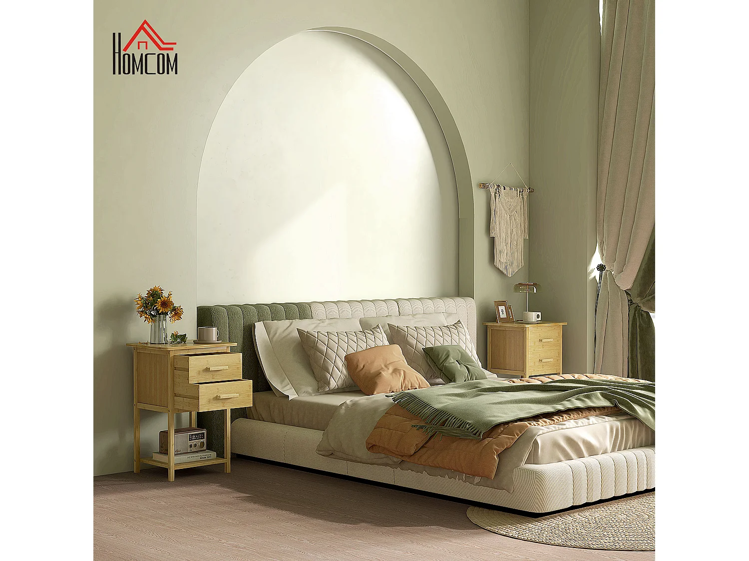 Lot de 2 chevets tables de nuit style naturel - 2 tiroirs, étagère - bois de bambou verni