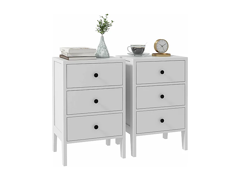 Lot de 2 tables de chevet style néo-rétro - 3 tiroirs coulissants, poignées boutons métal noir - blanc