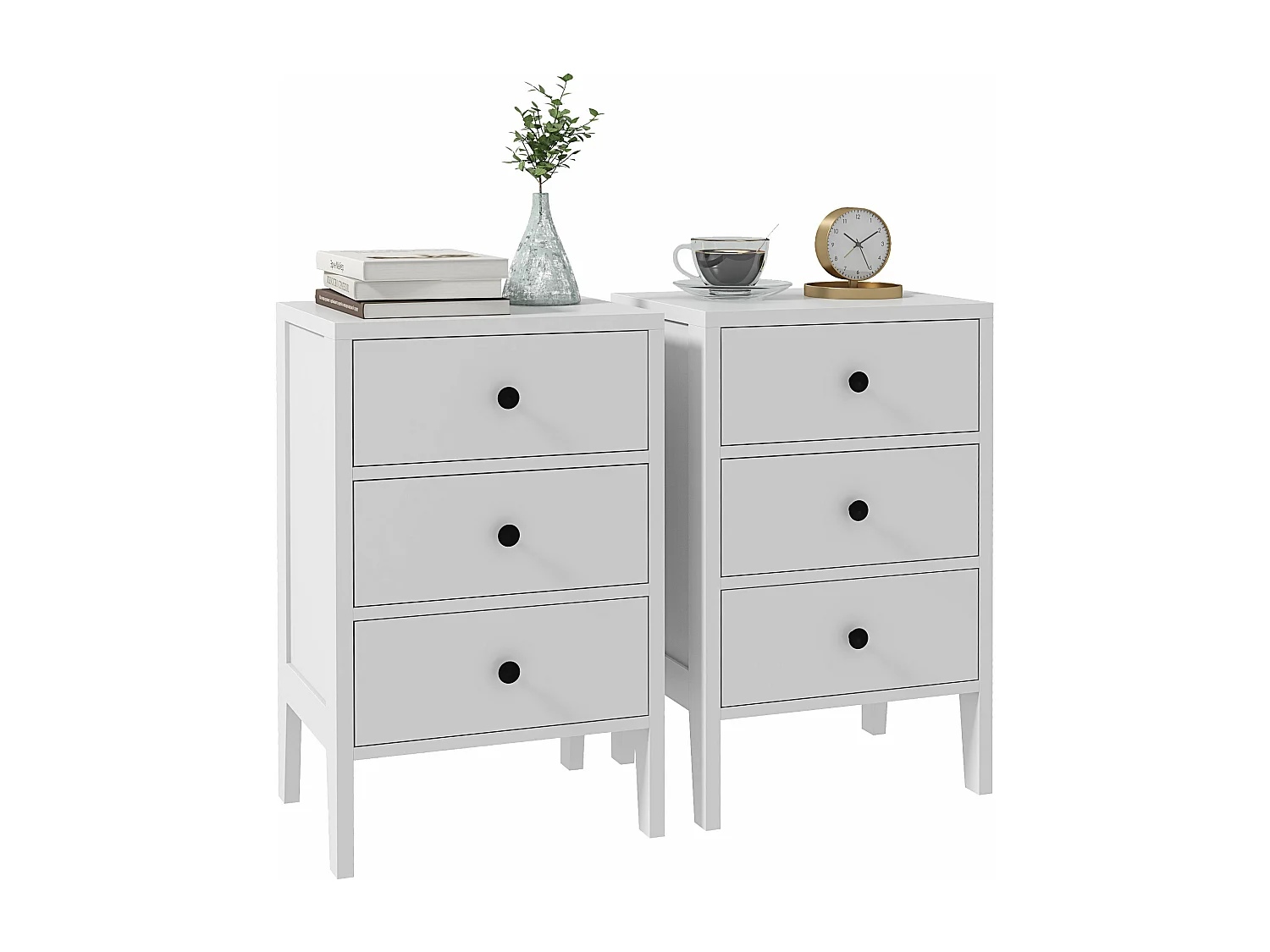 Lot de 2 tables de chevet style néo-rétro - 3 tiroirs coulissants, poignées boutons métal noir - blanc