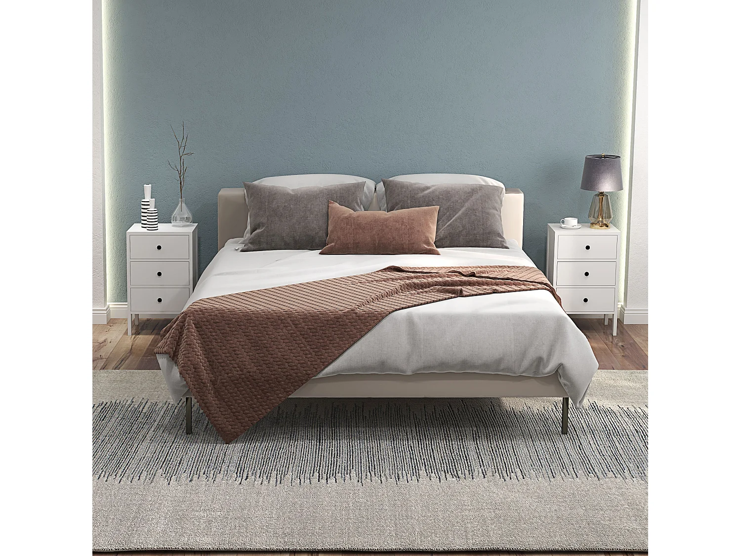 Lot de 2 tables de chevet style néo-rétro - 3 tiroirs coulissants, poignées boutons métal noir - blanc