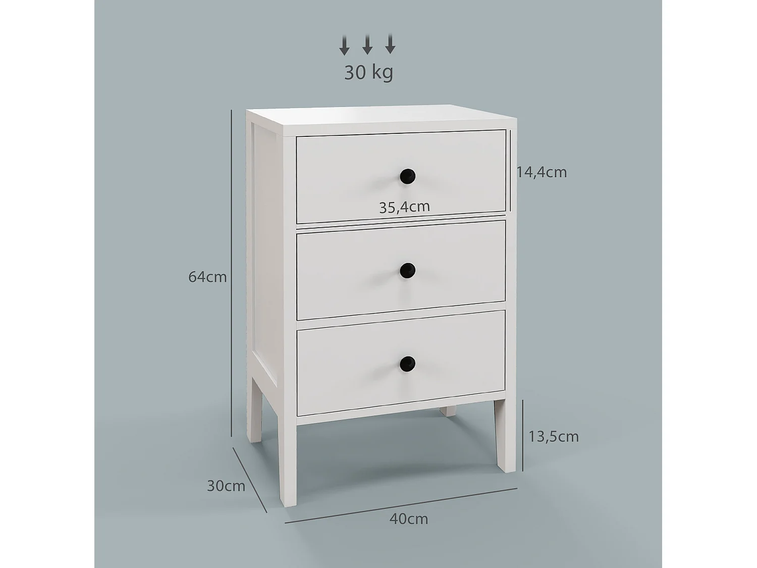 Lot de 2 tables de chevet style néo-rétro - 3 tiroirs coulissants, poignées boutons métal noir - blanc