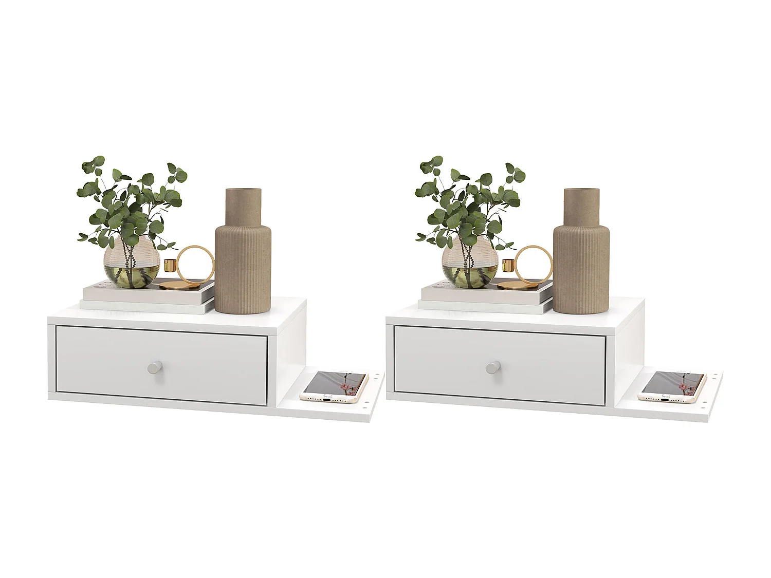 Lot de 2 chevet table de nuit murale - tiroir couliant, étagère latérale - dim. 55l x 30P x 15H cm - finition blanche raffinée avec de poignée ronde argentée