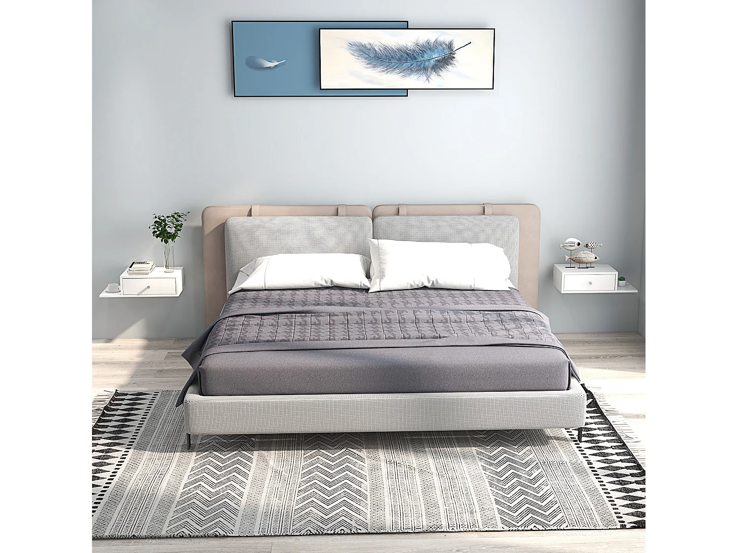 Lot de 2 chevet table de nuit murale - tiroir couliant, étagère latérale - dim. 55l x 30P x 15H cm - finition blanche raffinée avec de poignée ronde argentée