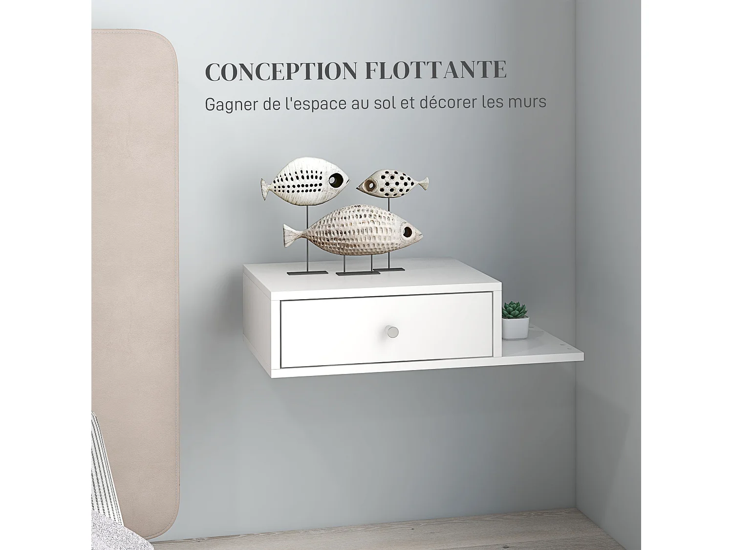 Lot de 2 chevet table de nuit murale - tiroir couliant, étagère latérale - dim. 55l x 30P x 15H cm - finition blanche raffinée avec de poignée ronde argentée