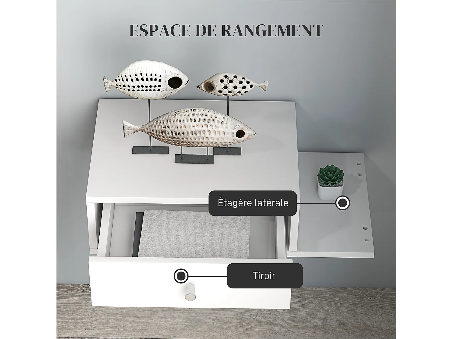 Lot de 2 chevet table de nuit murale - tiroir couliant, étagère latérale - dim. 55l x 30P x 15H cm - finition blanche raffinée avec de poignée ronde argentée