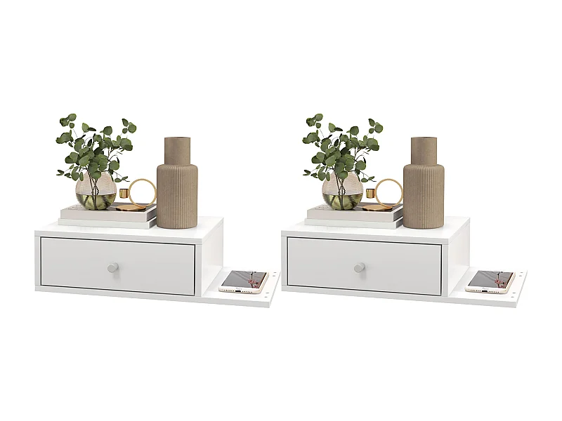 Lot de 2 chevet table de nuit murale - tiroir couliant, étagère latérale - dim. 55l x 30P x 15H cm - finition blanche raffinée avec de poignée ronde argentée