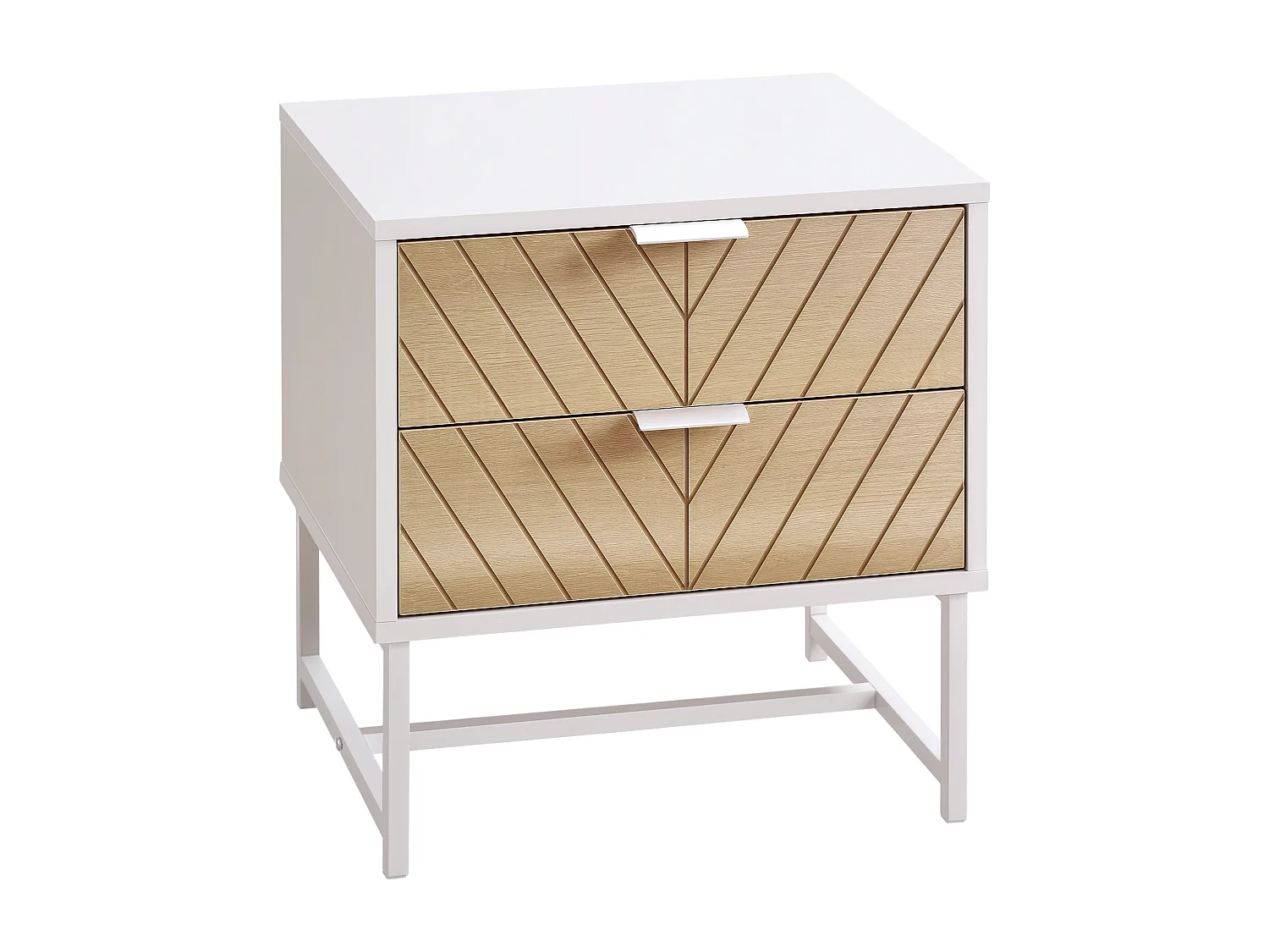 Chevet table de nuit style graphique - 2 tiroirs façades chevrons - acier blanc aspect bois clair