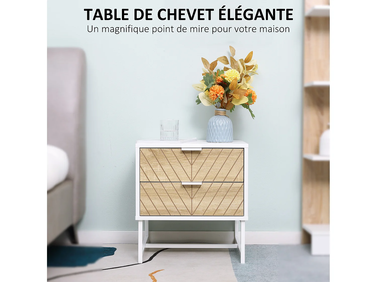 Chevet table de nuit style graphique - 2 tiroirs façades chevrons - acier blanc aspect bois clair
