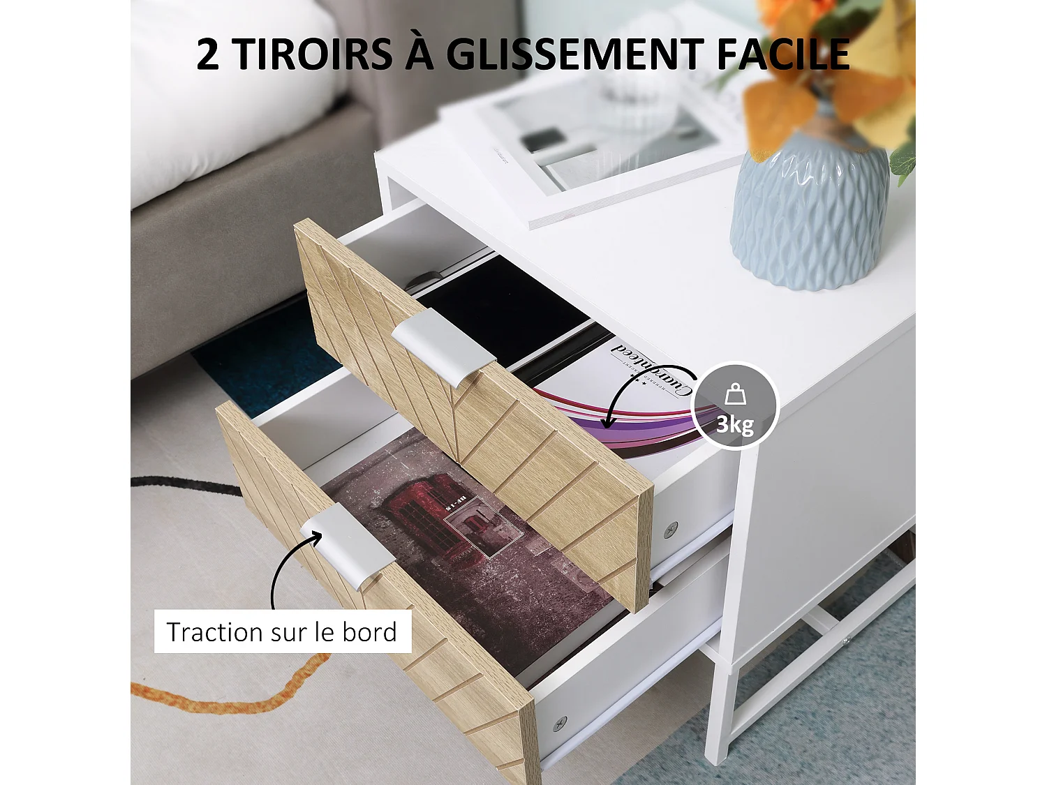 Chevet table de nuit style graphique - 2 tiroirs façades chevrons - acier blanc aspect bois clair