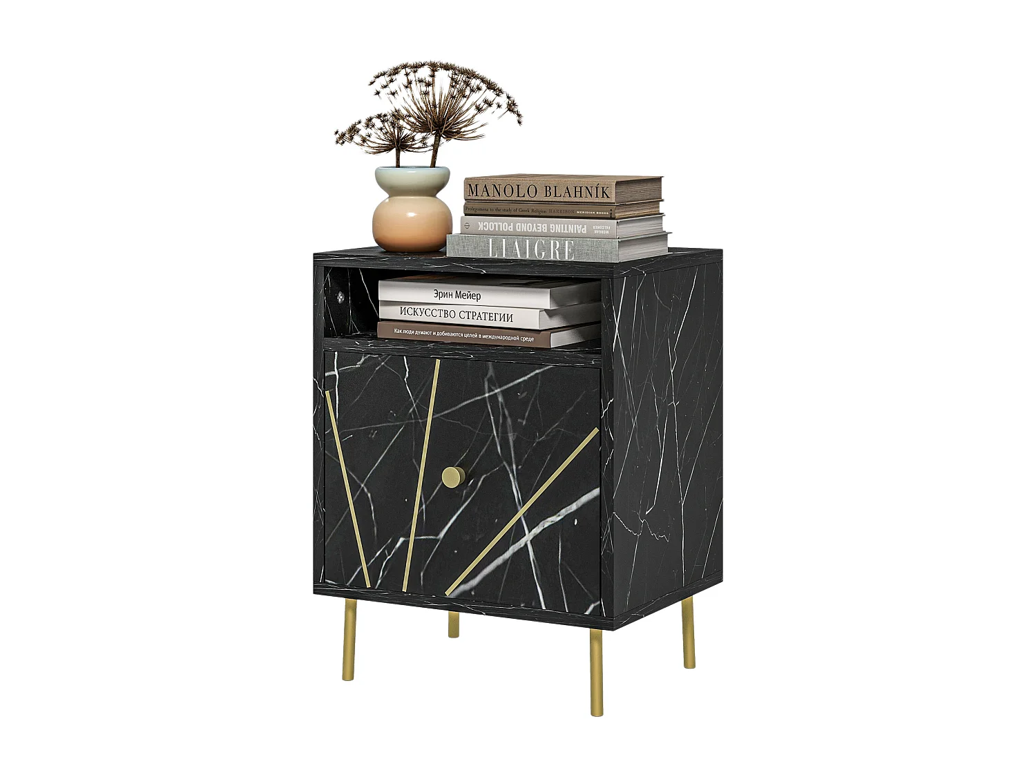 Chevet table de nuit design - tiroir, niche - doré aspect marbre noir