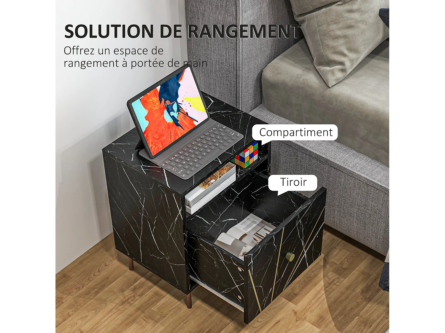 Chevet table de nuit design - tiroir, niche - doré aspect marbre noir