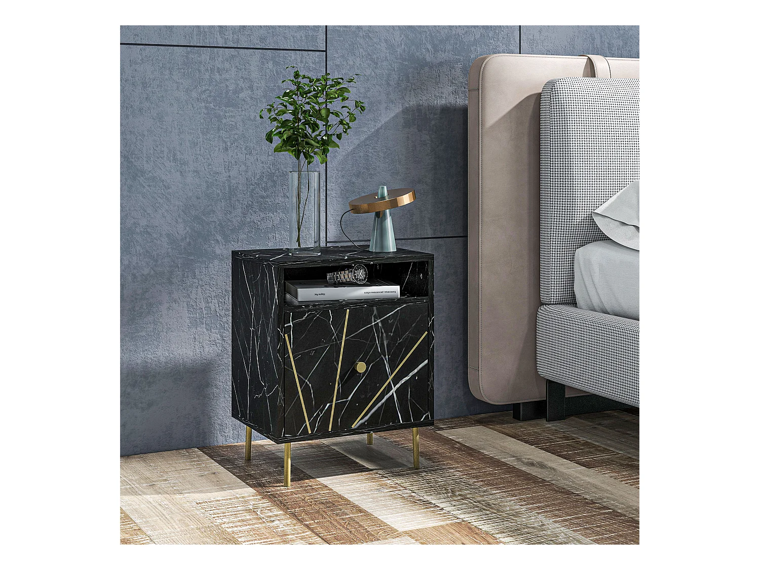 Chevet table de nuit design - tiroir, niche - doré aspect marbre noir