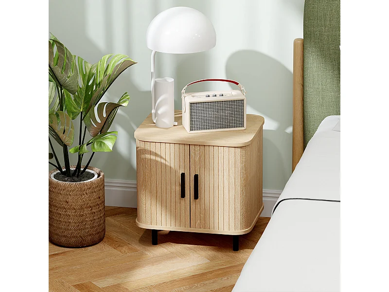 Chevet table d'appoint style Shabby Chic - 2 portes coulissantes - acier aspect bois clair vieilli