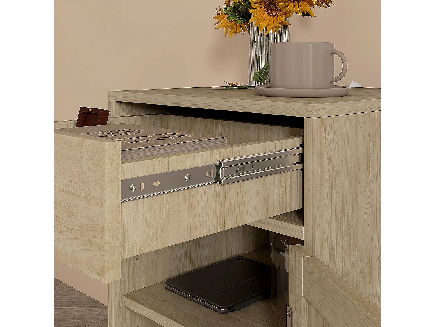 Chevet table de nuit style naturel - porte, étagère, tiroir - cannage rotin aspect bois clair